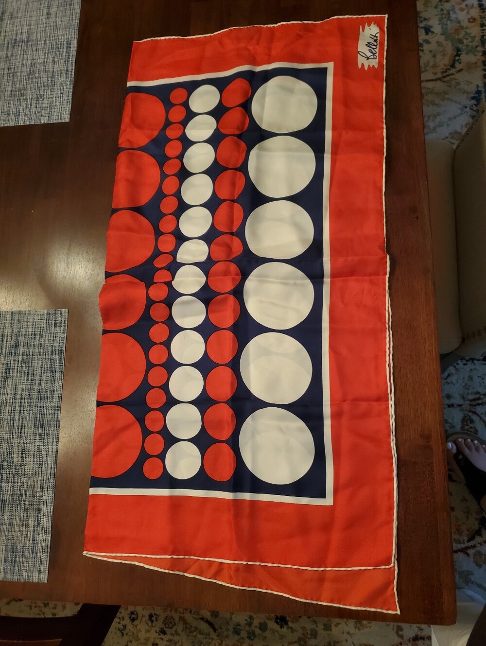 Vintage Bellotti Signed Geometric Polka Dot Silk Scarf in Red, Navy & White - Picture 2 of 4